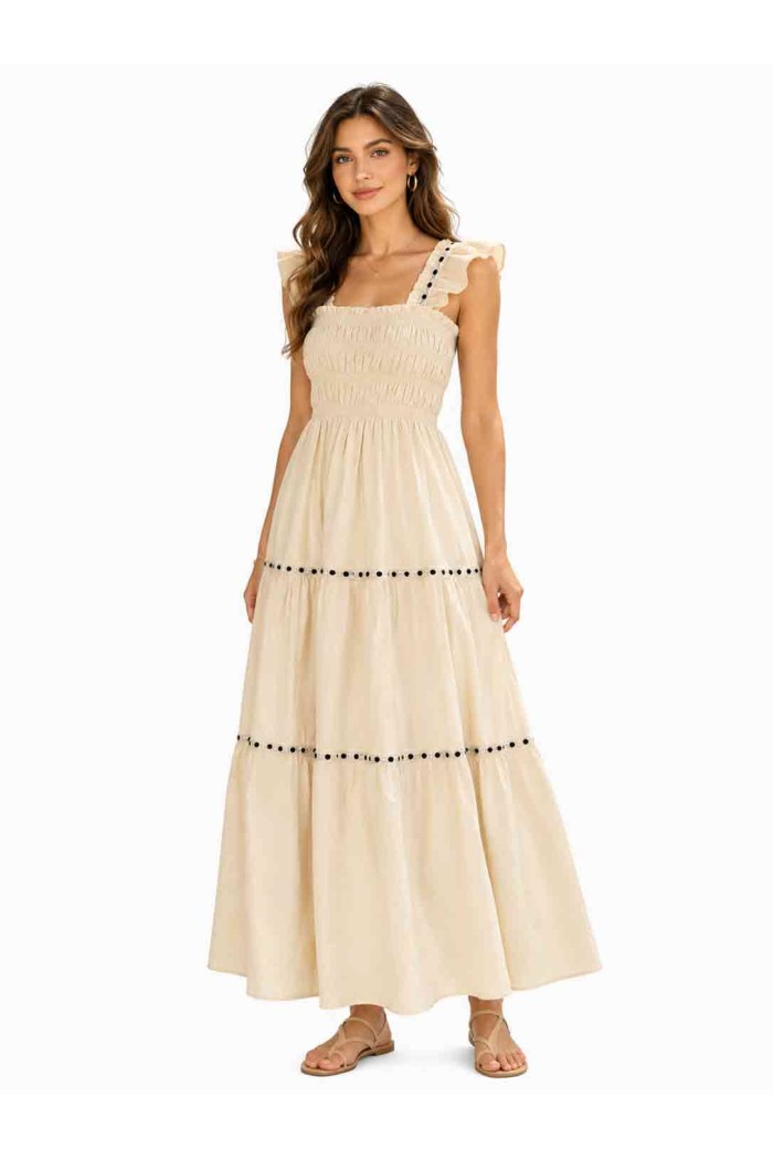 VESTIDO LARGO FRUNCIDO CON VOLANTES Y DETALLE CALADO DD-L4923