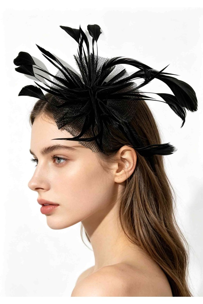 TOCADO CON PLUMAS Y VELO NEGRO ESTILO ELEGANTE TM-XH1818