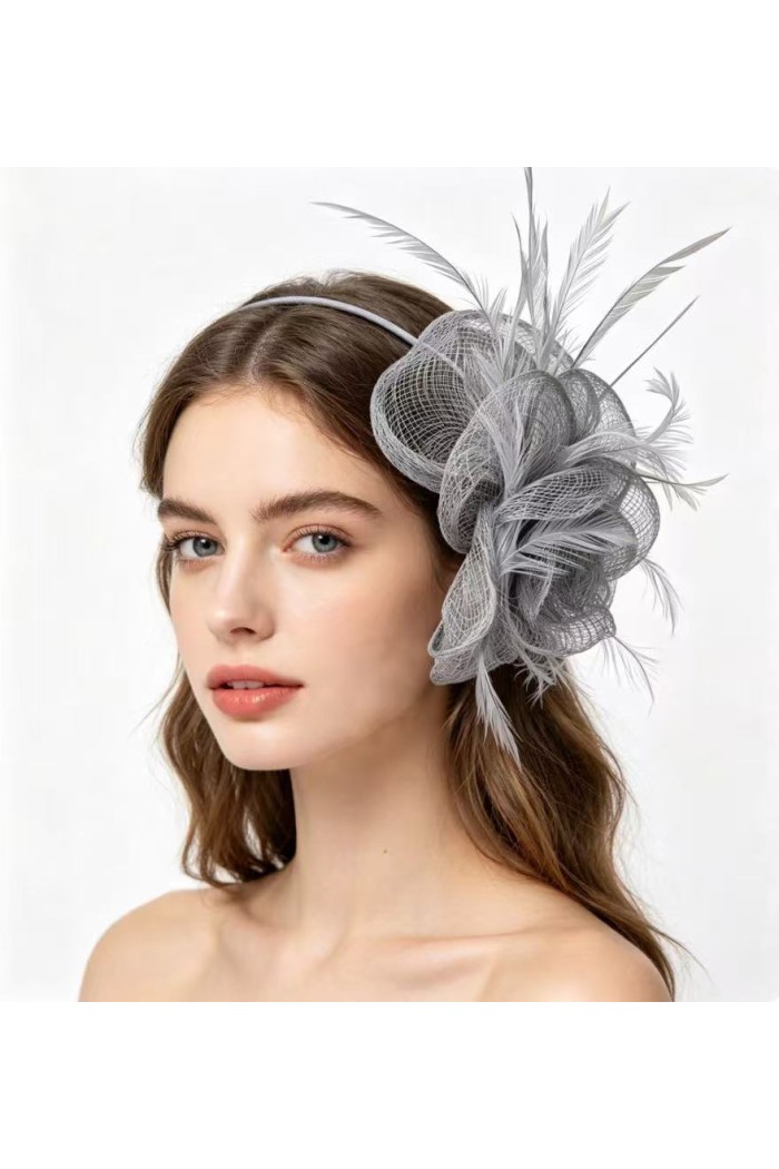TOCADO DIADEMA CON FLORES DE MALLA Y PLUMAS ELEGANTE TM-XH163