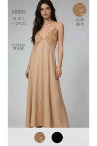 VESTIDO LARGO DE TIRANTES CON ENCAJE Y ESCOTE EN PICO DBT-X5868