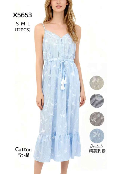 VESTIDO MIDI DE TIRANTES CON BORDADO Y VOLANTE DBT-X5653