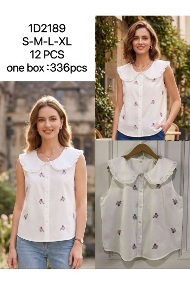 BLUSA SIN MANGAS BORDADA CON CUELLO VOLANTE – ESTILO ROMÁNTICO VINTAGEDD-1D2189