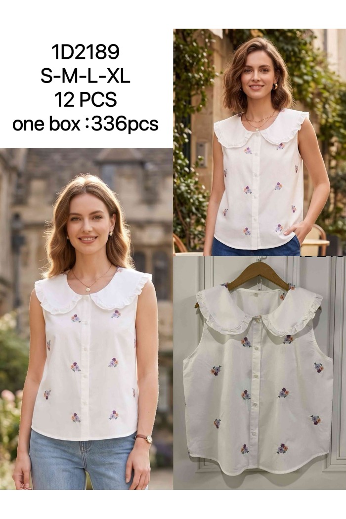 BLUSA SIN MANGAS BORDADA CON CUELLO VOLANTE – ESTILO ROMÁNTICO VINTAGEDD-1D2189