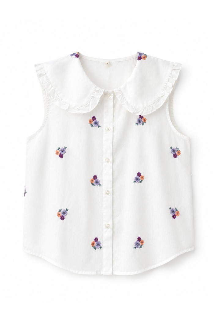 BLUSA SIN MANGAS BORDADA CON CUELLO VOLANTE – ESTILO ROMÁNTICO VINTAGEDD-1D2189