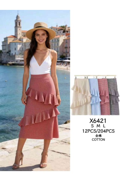 FALDA MIDI VICHY CON VOLANTES ESTILO ROMÁNTICO VERANO DBT-X6421