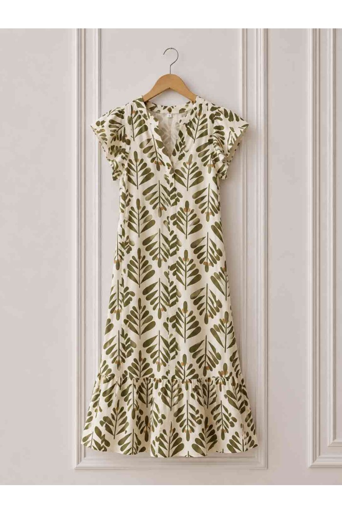 VESTIDO MIDI ESTAMPADO HOJAS ESTILO NATURAL VERANO DD-L4013
