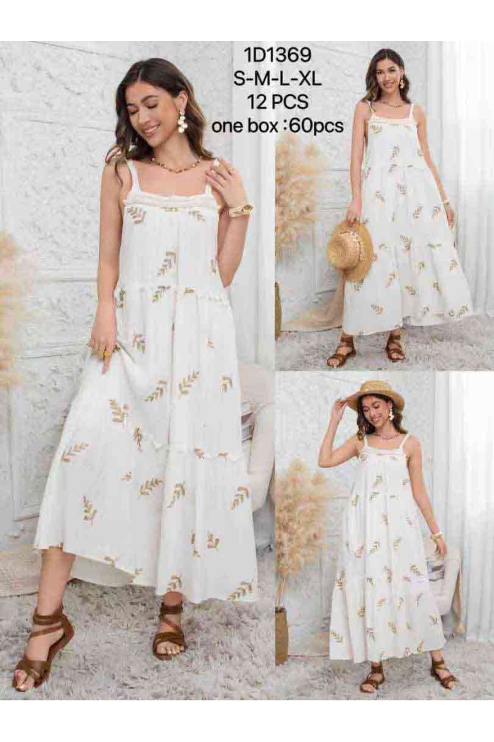 VESTIDO MAXI BOHO ESTAMPADO HOJAS ESTILO VERANO RELAJADO DD-1D1369