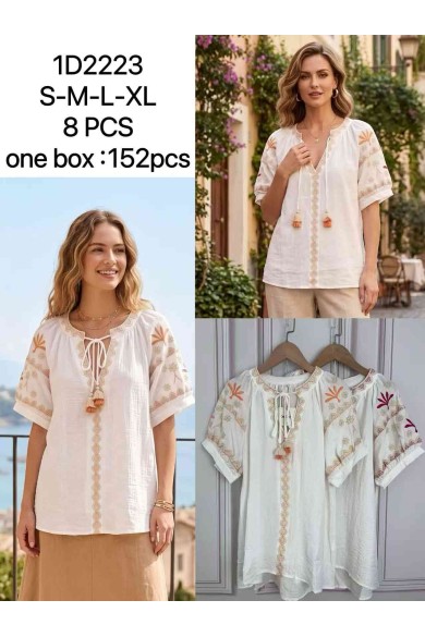 BLUSA BOHO BORDADA ESTILO IBICENCO DETALLES ÉTNICOS Y BORLAS DD-1D2223