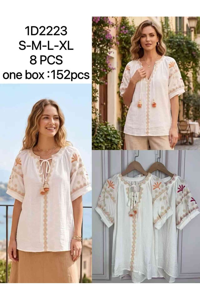 BLUSA BOHO BORDADA ESTILO IBICENCO DETALLES ÉTNICOS Y BORLAS DD-1D2223