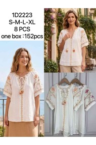 BLUSA BOHO BORDADA ESTILO IBICENCO DETALLES ÉTNICOS Y BORLAS DD-1D2223