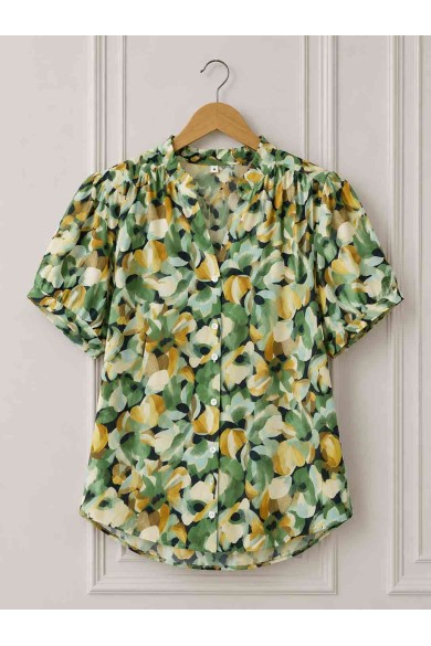 BLUSA FLORAL ESTAMPADA ESTILO BOHO MANGA CORTA Y CUELLO VOLANTE DD-1D2366