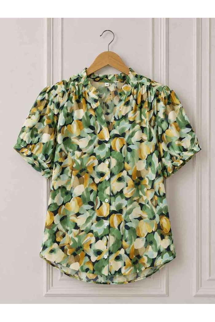 BLUSA FLORAL ESTAMPADA ESTILO BOHO MANGA CORTA Y CUELLO VOLANTE DD-1D2366
