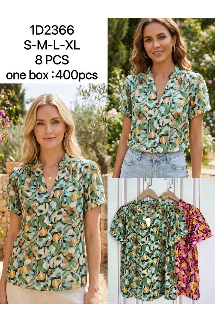 BLUSA FLORAL ESTAMPADA ESTILO BOHO MANGA CORTA Y CUELLO VOLANTE DD-1D2366