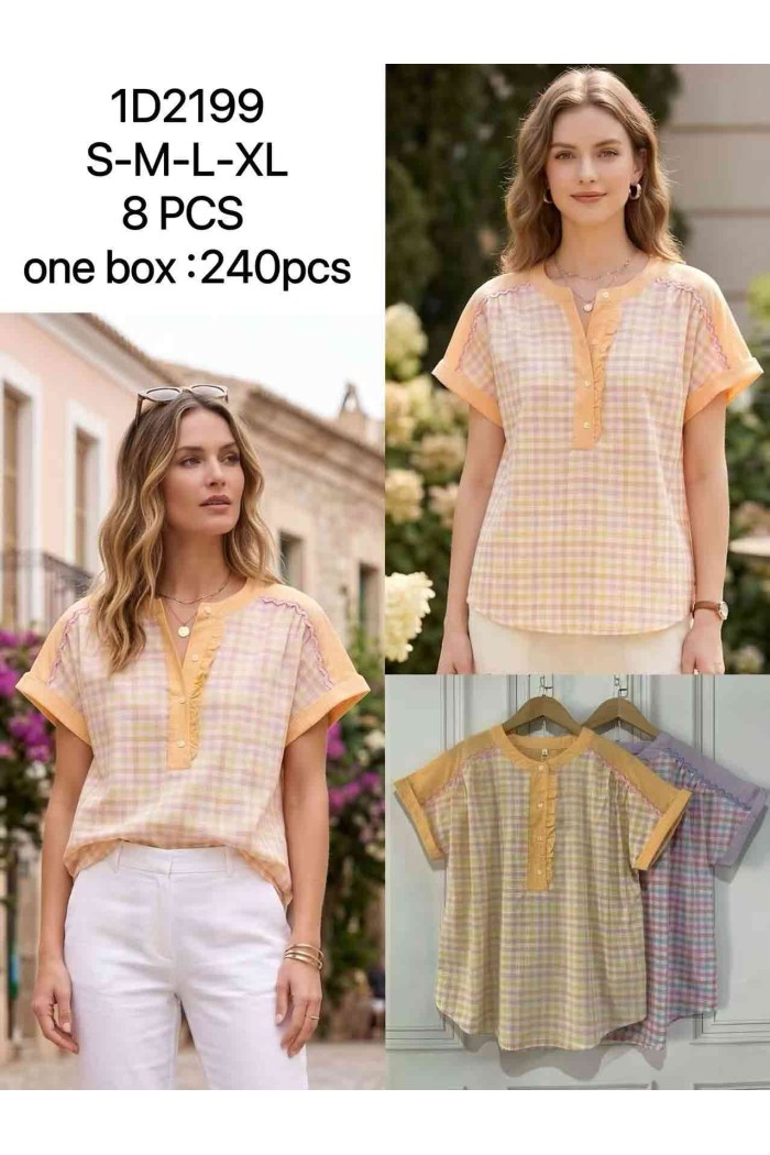 BLUSA CUADROS PASTEL ESTILO CASUAL – MANGA CORTA Y DETALLES FEMENINOS DD-1D2199