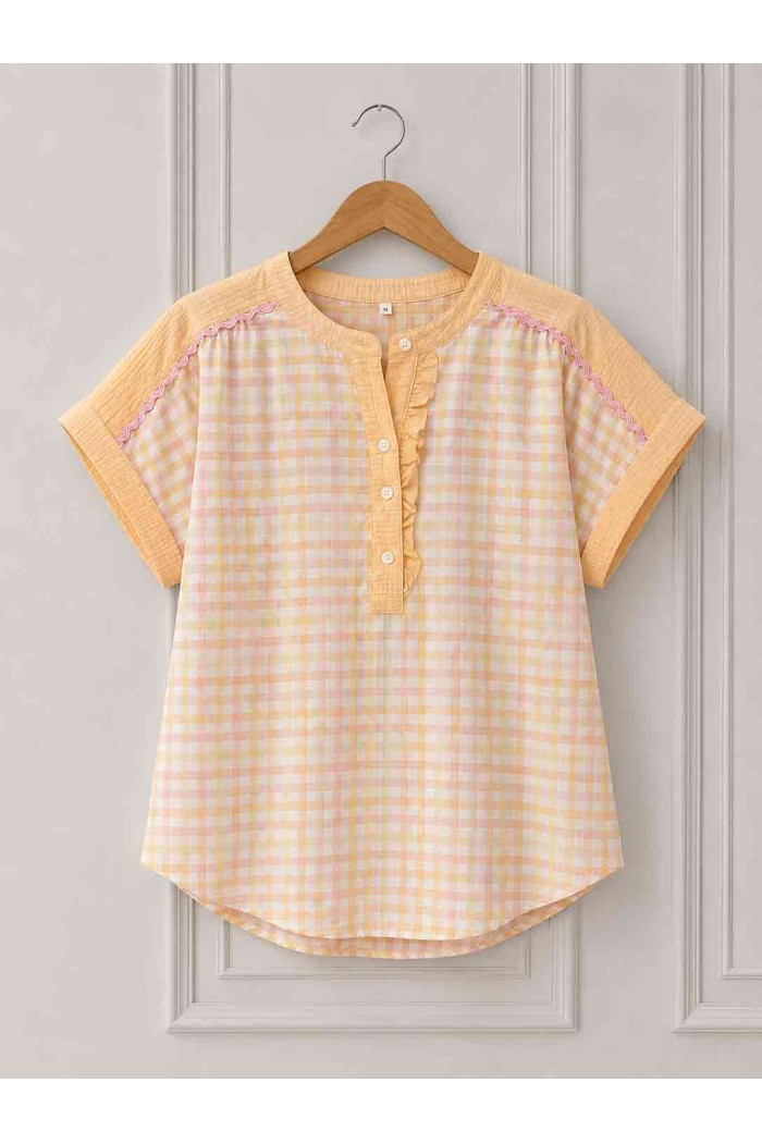 BLUSA CUADROS PASTEL ESTILO CASUAL – MANGA CORTA Y DETALLES FEMENINOS DD-1D2199
