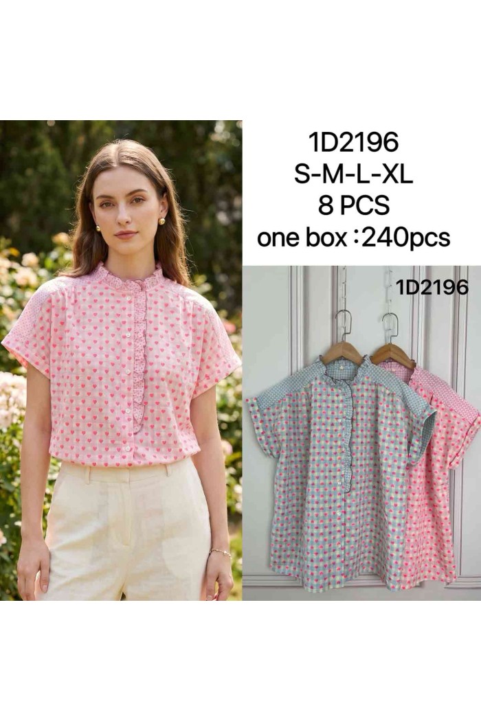 BLUSA ESTAMPADO CORAZONES CUELLO VOLANTE ESTILO ROMÁNTICO VERANO DD-1D2196
