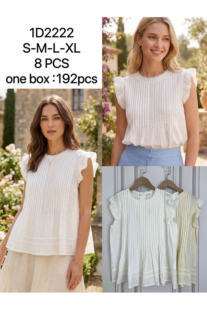 ELEGANTE BLUSA BLANCA ROMÁNTICA PARA VERANO – TOP SIN MANGAS CON VOLANTES Y DETALLES PLISADOS ESTILO BOHO CHIC DD-1D2222