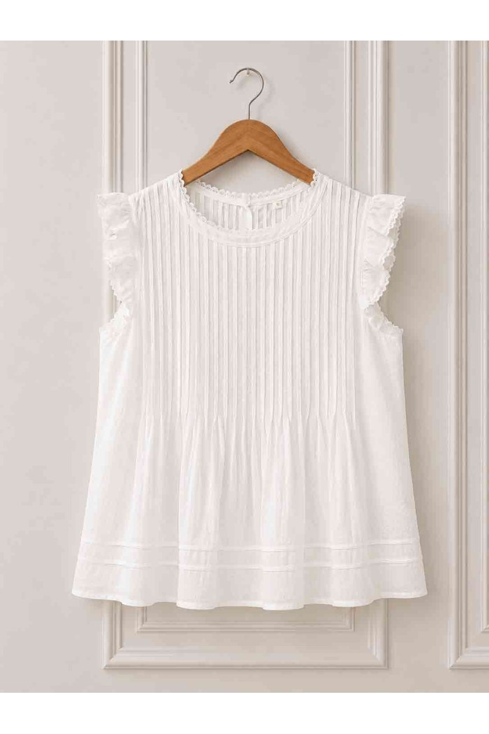 ELEGANTE BLUSA BLANCA ROMÁNTICA PARA VERANO – TOP SIN MANGAS CON VOLANTES Y DETALLES PLISADOS ESTILO BOHO CHIC DD-1D2222
