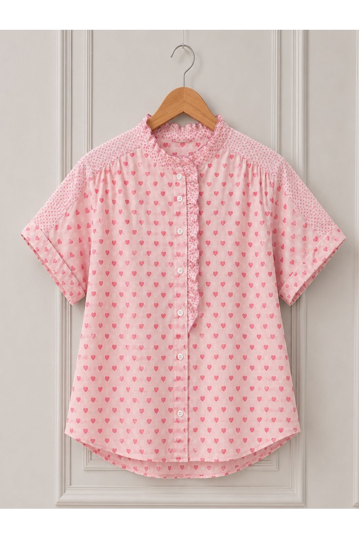 BLUSA ESTAMPADO CORAZONES CUELLO VOLANTE ESTILO ROMÁNTICO VERANO DD-1D2196