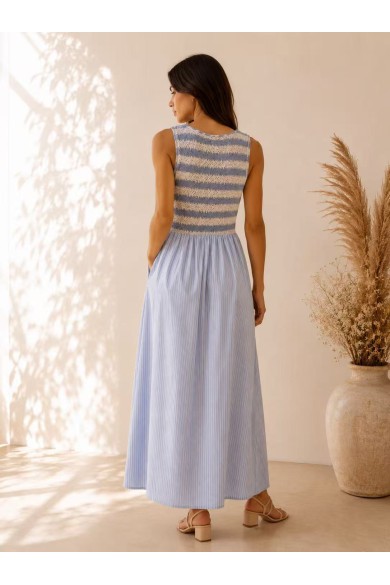 VESTIDO LARGO DE VERANO CON CUERPO DE PUNTO RAYADO – ESTILO BOHO CHIC PARA VACACIONES Y PLAYA FBZMR22545