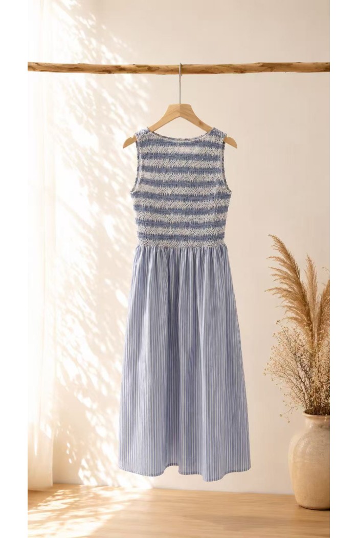 VESTIDO LARGO DE VERANO CON CUERPO DE PUNTO RAYADO – ESTILO BOHO CHIC PARA VACACIONES Y PLAYA FBZMR22545