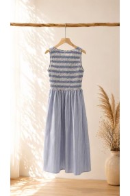 VESTIDO LARGO DE VERANO CON CUERPO DE PUNTO RAYADO – ESTILO BOHO CHIC PARA VACACIONES Y PLAYA FBZMR22545