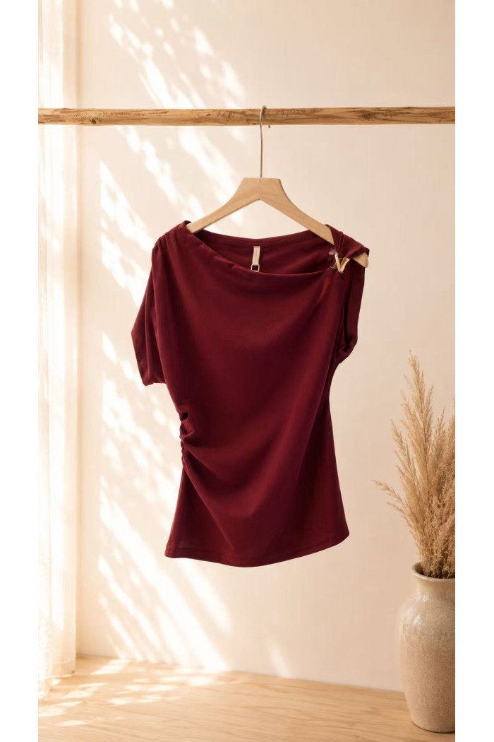 TOP ASIMÉTRICO DRAPEADO ELEGANTE – BLUSA AJUSTADA DE MANGA CORTA PARA FIESTAS Y EVENTOS VARIOS COLORES FBZMR22558