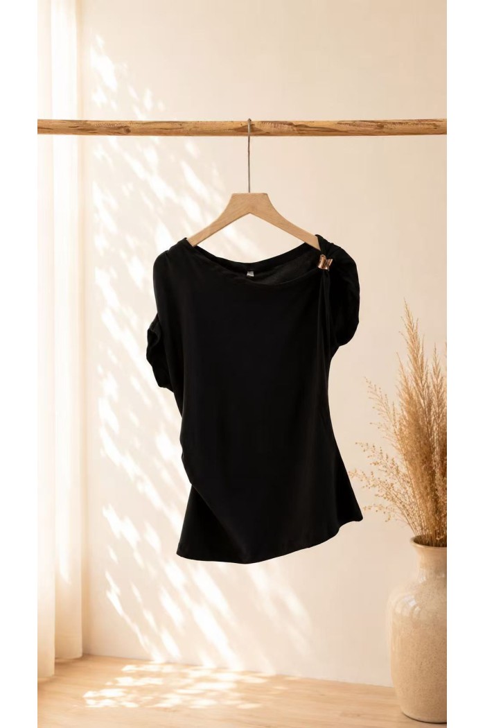 TOP ASIMÉTRICO DRAPEADO ELEGANTE – BLUSA AJUSTADA DE MANGA CORTA PARA FIESTAS Y EVENTOS VARIOS COLORES FBZMR22558