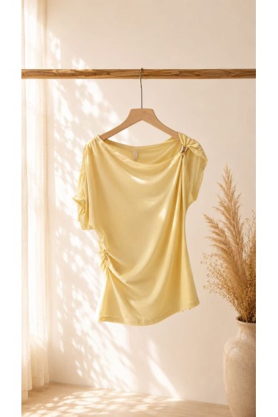 TOP ASIMÉTRICO DRAPEADO ELEGANTE – BLUSA AJUSTADA DE MANGA CORTA PARA FIESTAS Y EVENTOS VARIOS COLORES FBZMR22558