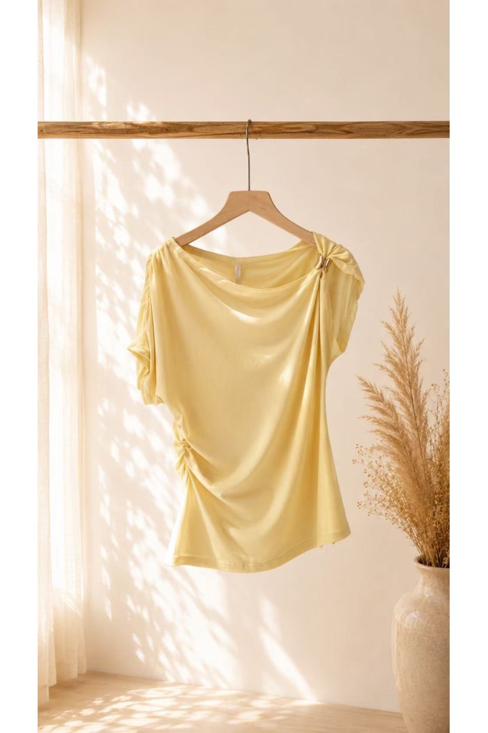 TOP ASIMÉTRICO DRAPEADO ELEGANTE – BLUSA AJUSTADA DE MANGA CORTA PARA FIESTAS Y EVENTOS VARIOS COLORES FBZMR22558