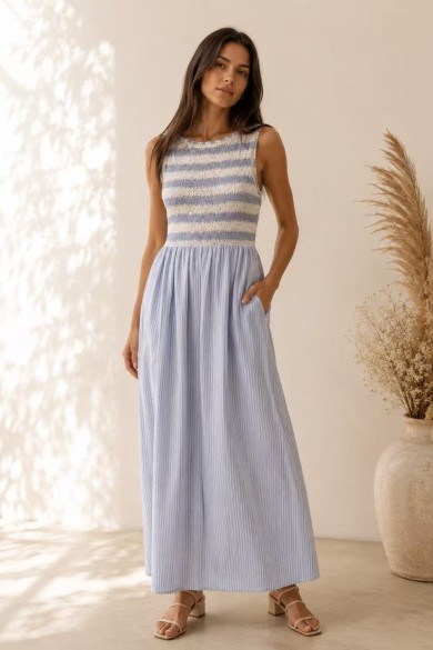VESTIDO LARGO DE VERANO CON CUERPO DE PUNTO RAYADO – ESTILO BOHO CHIC PARA VACACIONES Y PLAYA FBZMR22545