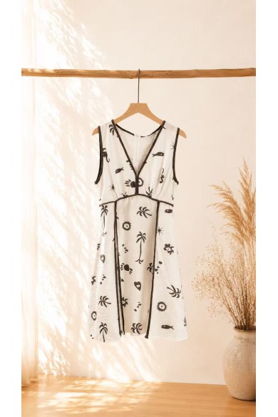 VESTIDO CORTO ESTAMPADO CON ESCOTE EN V Y DETALLES EN CONTRASTE FBZMR22548