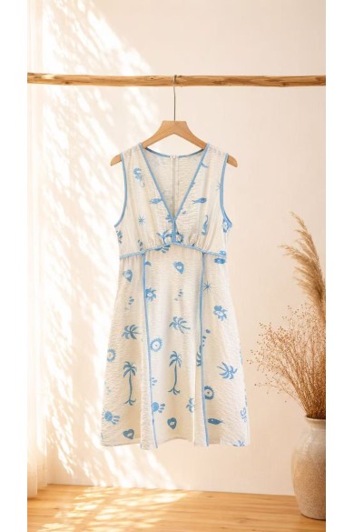 VESTIDO CORTO ESTAMPADO CON ESCOTE EN V Y DETALLES EN CONTRASTE FBZMR22547