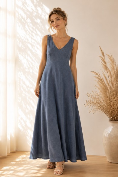 VESTIDO LARGO AZUL CON ESCOTE EN V FBZMR22557