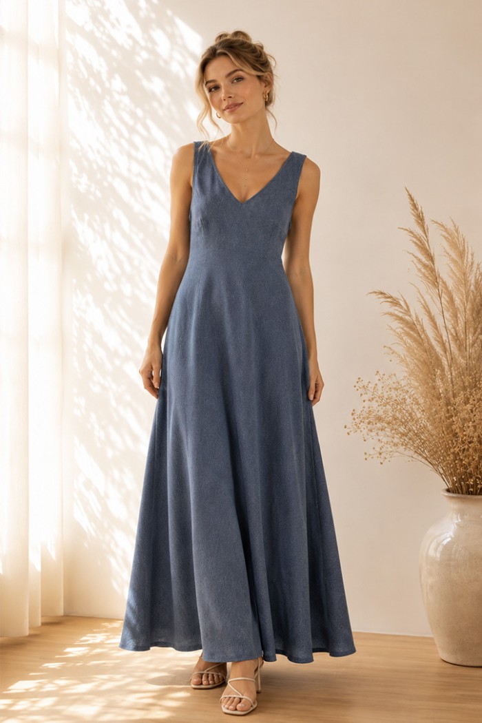 VESTIDO LARGO AZUL CON ESCOTE EN V FBZMR22557