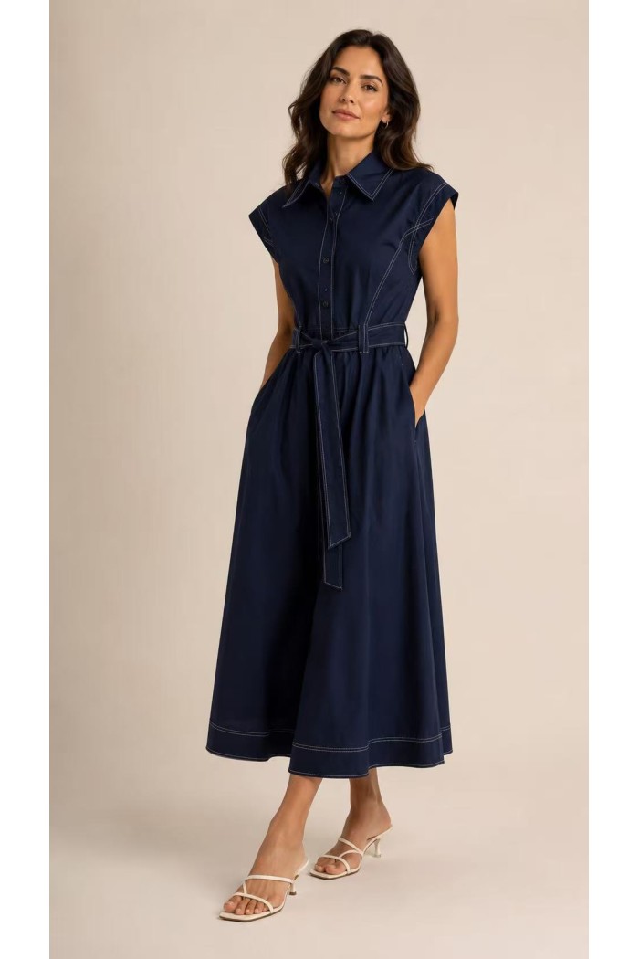 VESTIDO MIDI AZUL MARINO CON CINTURÓN FBZMA1667
