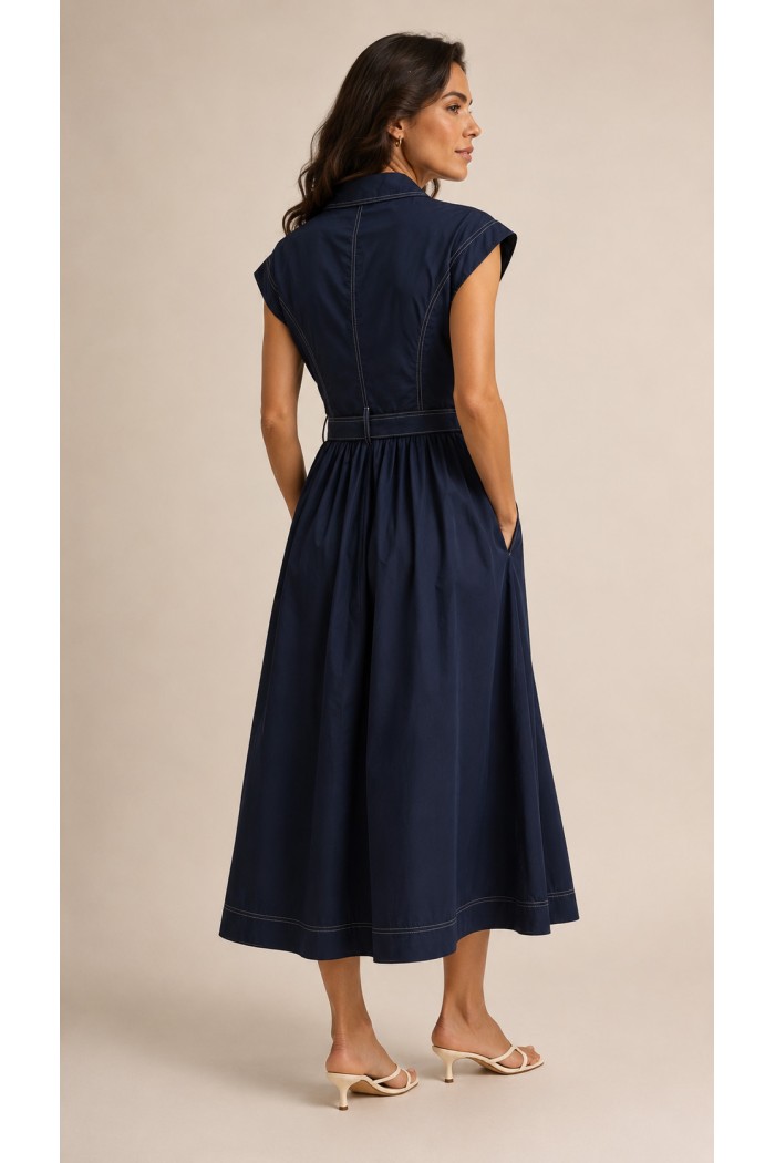 VESTIDO MIDI AZUL MARINO CON CINTURÓN FBZMA1667