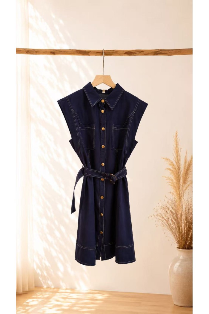VESTIDO CAMISERO DENIM SIN MANGAS CON CINTURÓN AJUSTABLE FBZMR22553