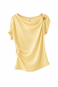 BLUSA ASIMÉTRICA FRUNCIDA CON DETALLE METÁLICO MANGA CORTA VARIOS COLORES FBZMR22562