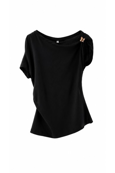 BLUSA ASIMÉTRICA FRUNCIDA CON DETALLE METÁLICO MANGA CORTA VARIOS COLORES FBZMR22559