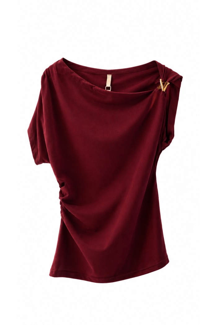 BLUSA ASIMÉTRICA FRUNCIDA CON DETALLE METÁLICO MANGA CORTA VARIOS COLORES FBZMR22561