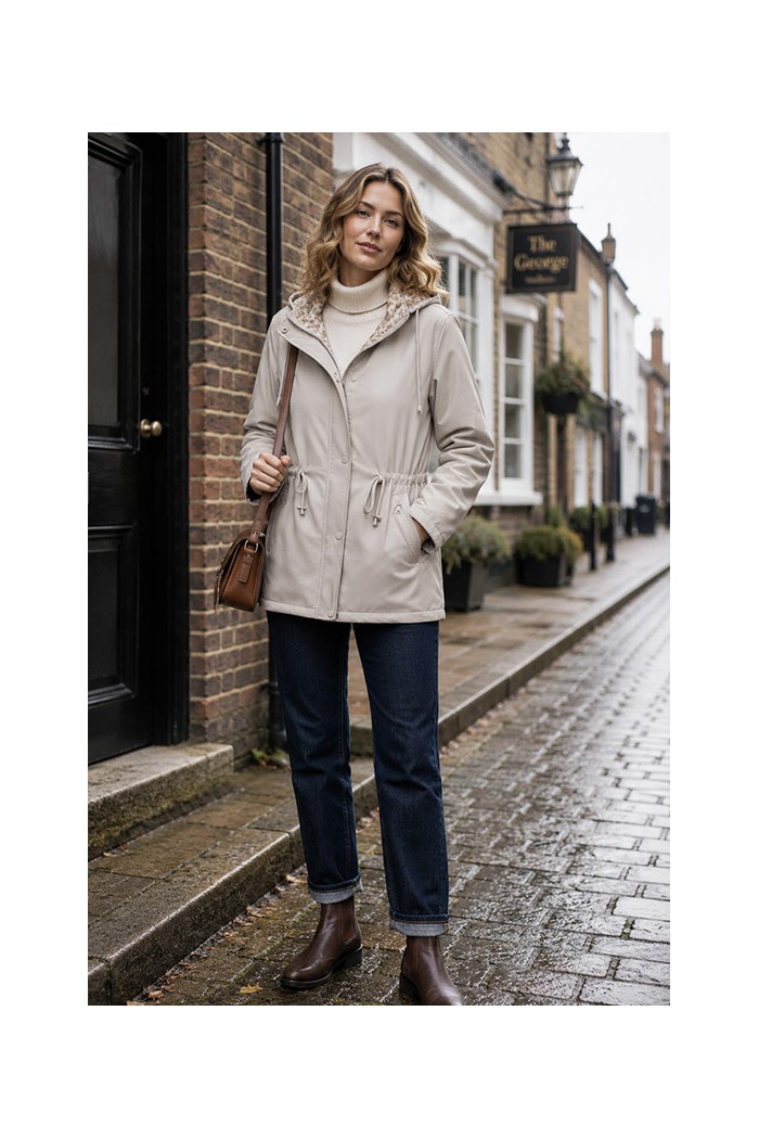 CHAQUETA IMPERMEABLE CON CAPUCHA Y FORRO ESTAMPADO AJUSTABLE EN LA CINTURA VARIOS COLORES TALLA GRANDE TY-Z68812