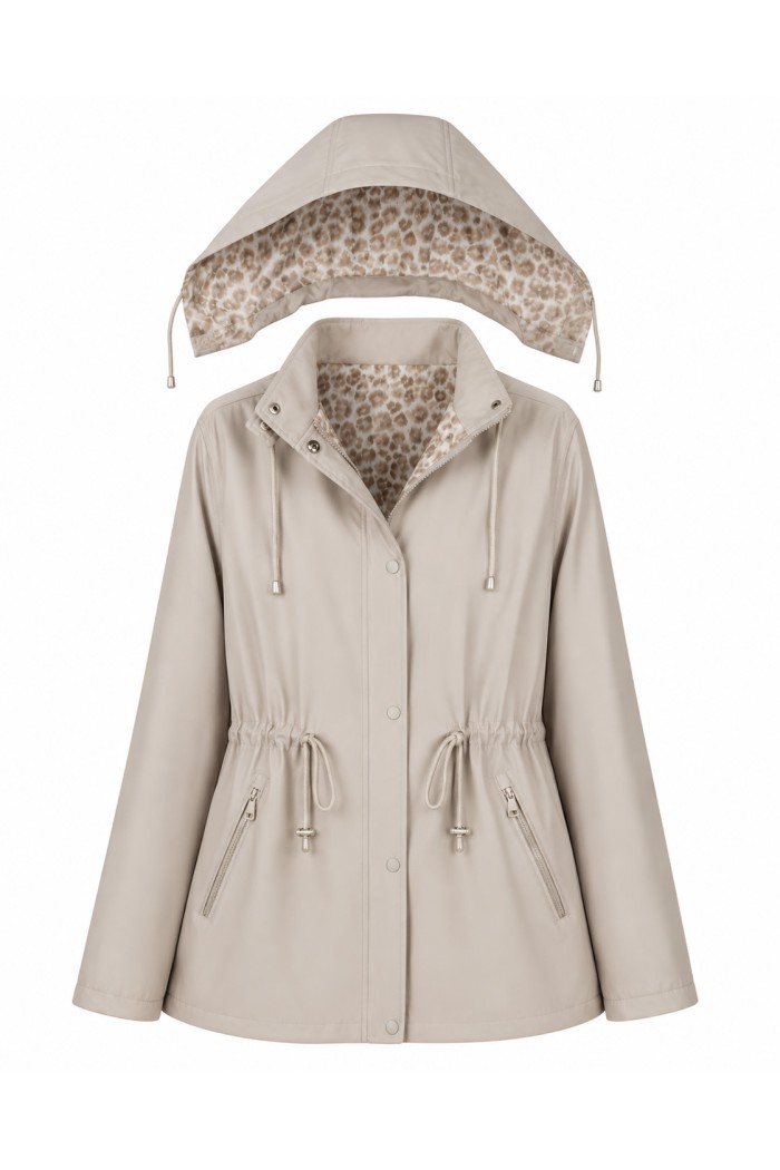 CHAQUETA IMPERMEABLE CON CAPUCHA Y FORRO ESTAMPADO AJUSTABLE EN LA CINTURA VARIOS COLORES TALLA GRANDE TY-Z68812