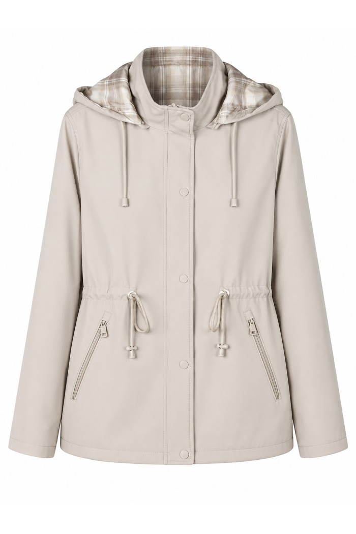 CHAQUETA IMPERMEABLE CON CAPUCHA DESMONTABLE, REVERSIBLE FORRO DE CUADROS Y CINTURA AJUSTABLE VARIOS COLORES TY-Z68807