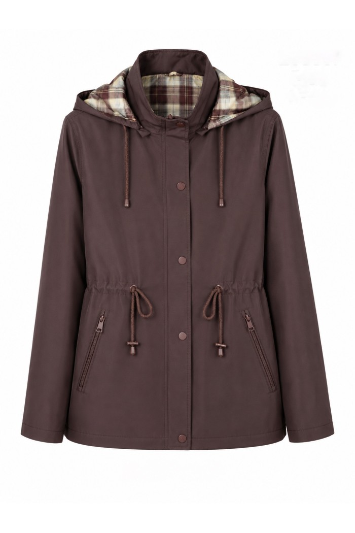 CHAQUETA IMPERMEABLE CON CAPUCHA DESMONTABLE, REVERSIBLE FORRO DE CUADROS Y CINTURA AJUSTABLE VARIOS COLORES TY-Z68807