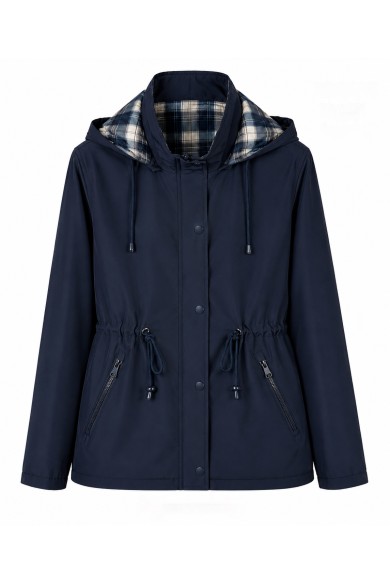 CHAQUETA IMPERMEABLE CON CAPUCHA DESMONTABLE, REVERSIBLE FORRO DE CUADROS Y CINTURA AJUSTABLE VARIOS COLORES TY-Z68807