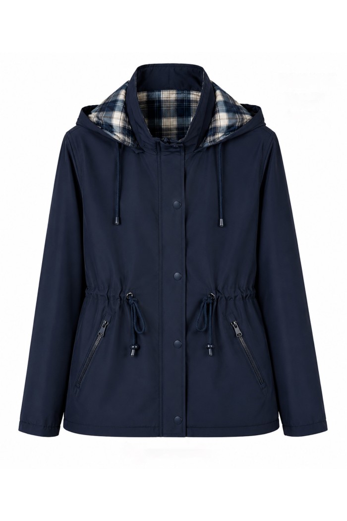 CHAQUETA IMPERMEABLE CON CAPUCHA DESMONTABLE, REVERSIBLE FORRO DE CUADROS Y CINTURA AJUSTABLE VARIOS COLORES TY-Z68807