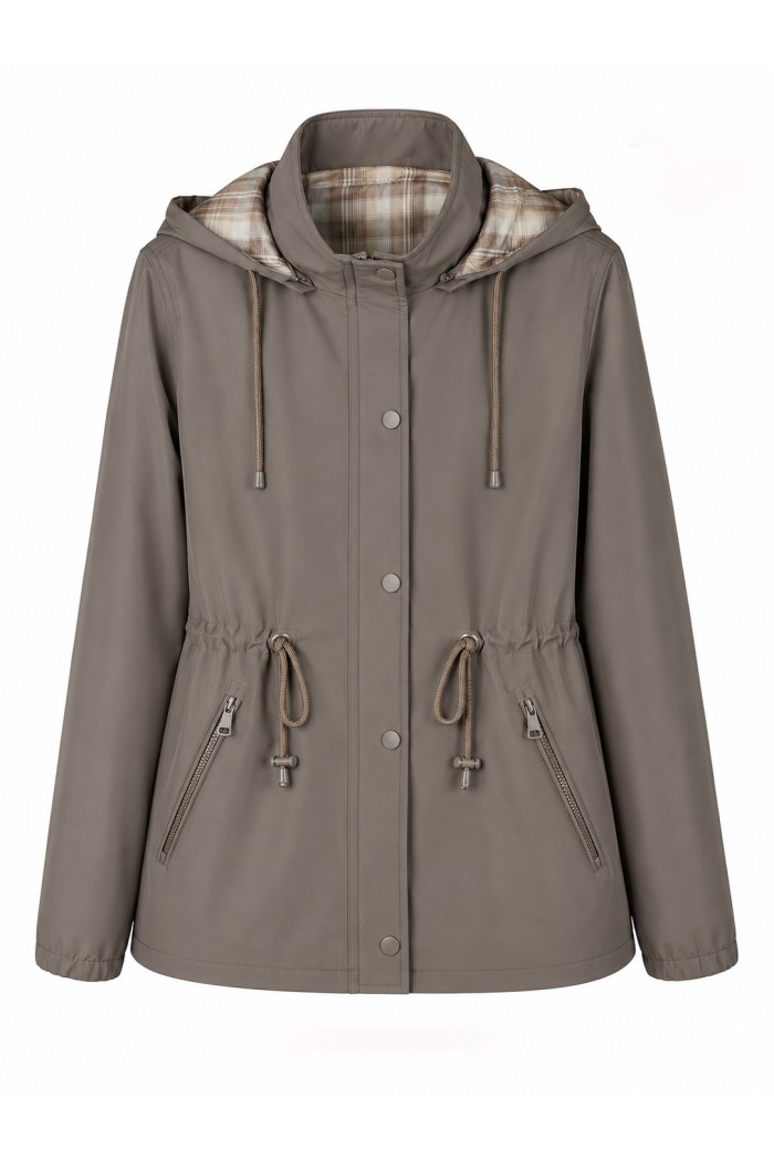 CHAQUETA IMPERMEABLE CON CAPUCHA DESMONTABLE REVERSIBLE, FORRO DE CUADROS Y CINTURA AJUSTABLE VARIOS COLORES TY-Z68807