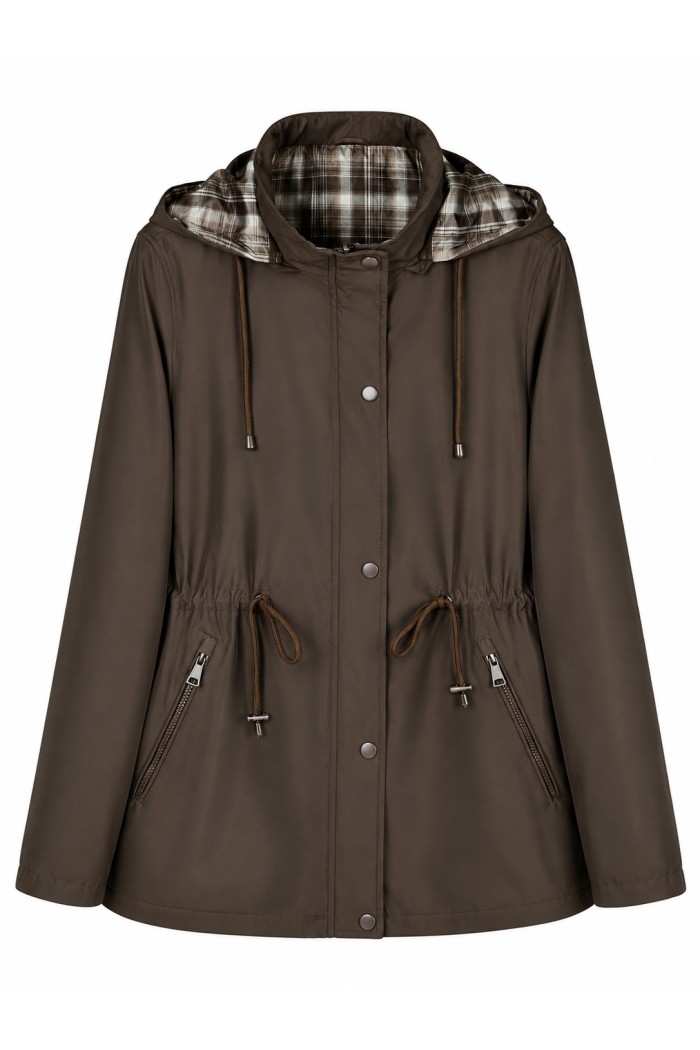 CHAQUETA IMPERMEABLE CON CAPUCHA DESMONTABLE REVERSIBLE, FORRO DE CUADROS Y CINTURA AJUSTABLE VARIOS COLORES TY-Z68807