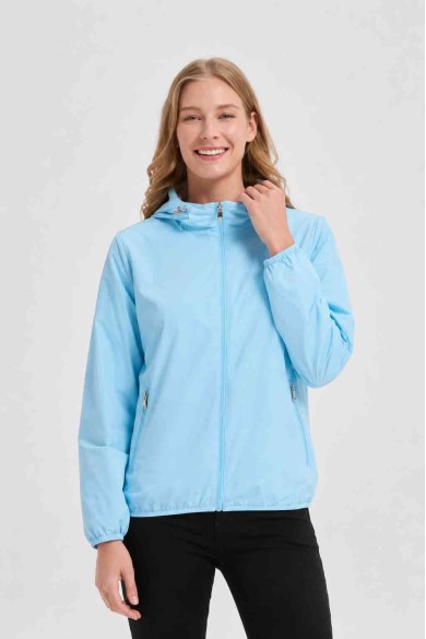CHAQUETA CORTA REVERSIBLE LIGERA CON CAPUCHA AZUL BEIGE OBRF2100